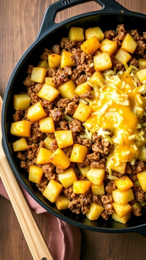 A skillet meal with ground beef, diced potatoes, and melted cheese, served in a cast-iron skillet.